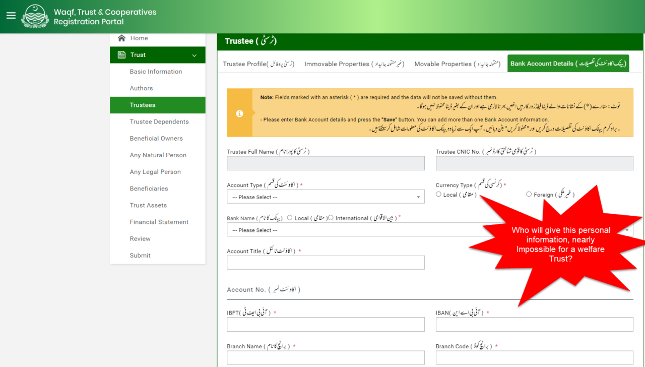 Bank account information of Trustees for registration of Trust in Punjab, KPK, Sindh Baluchistan Pakistan